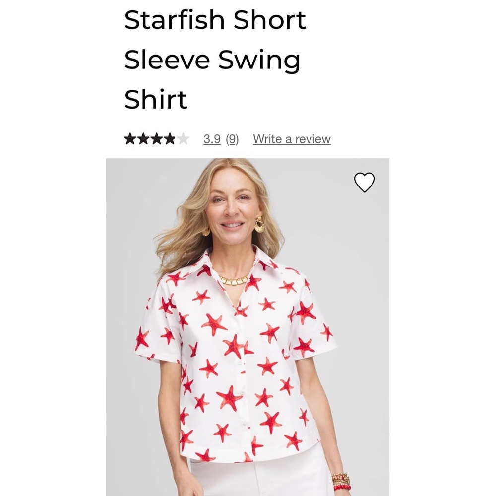 Chicos Starfish Short Sleeve Button Down Swing Shirt Size 14 Coastal Vacation